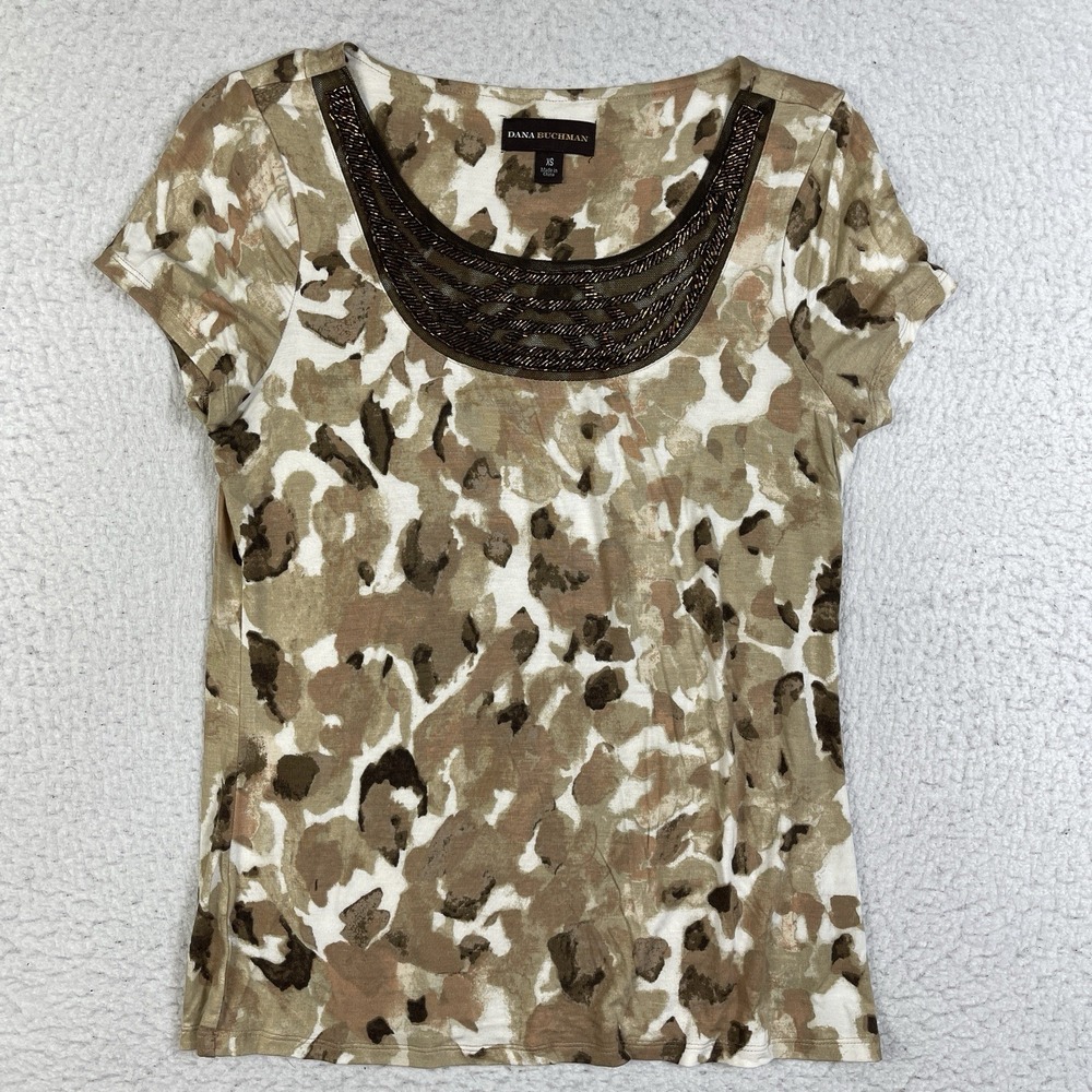 Dana Buchman Knit Top Womens XS Beige Bronze Elegant Artsy Beaded Collar Boho